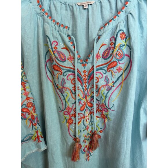 John Mark Tunic Top Turquoise Linen Embroidered Nwt Tassel 3/4 Sleeve 2X - Picture 4 of 13